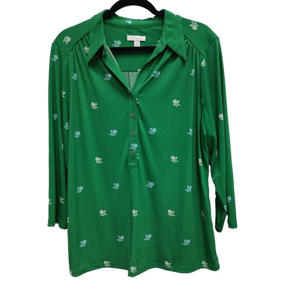 Charter Club Womens Blouse Top XL Kelly Green Floral Office Preppy 3/4 Sleeve - Picture 1 of 7